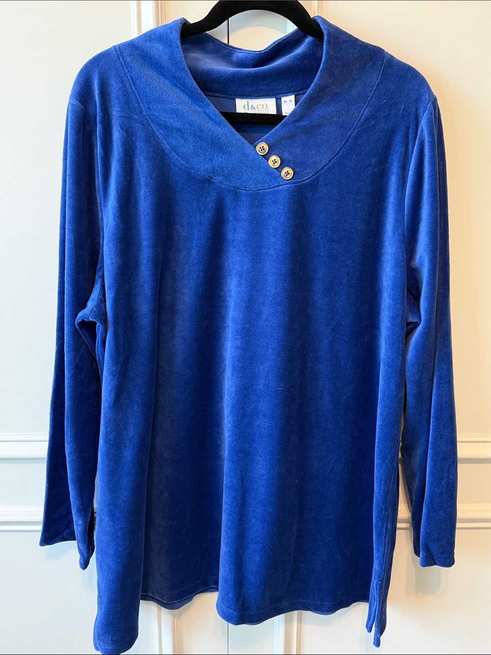 d&co Blue Velour Button-Accent Pullover